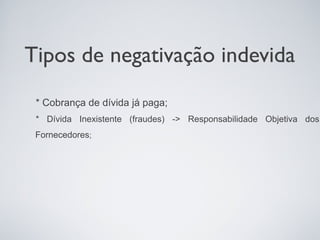 Tipos de negativação indevida
 * Cobrança de dívida já paga;
 * Dívida Inexistente (fraudes) -> Responsabilidade Objetiva dos
 Fornecedores;
 