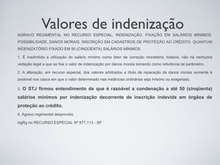 Valores de indenização
AGRAVO REGIMENTAL NO RECURSO ESPECIAL. INDENIZAÇÃO. FIXAÇÃO EM SALÁRIOS MÍNIMOS.
POSSIBILIDADE. DANOS MORAIS. INSCRIÇÃO EM CADASTROS DE PROTEÇÃO AO CRÉDITO. QUANTUM
INDENIZATÓRIO FIXADO EM 50 (CINQÜENTA) SALÁRIOS MÍNIMOS.

1. É inadmitida a utilização do salário mínimo como fator de correção monetária; todavia, não há nenhuma
vedação legal a que se fixe o valor de indenização por danos morais tomando como referência tal parâmetro.

2. A alteração, em recurso especial, dos valores arbitrados a título de reparação de danos morais somente é
possível nos casos em que o valor determinado nas instâncias ordinárias seja irrisório ou exagerado.

3.   O STJ firmou entendimento de que é razoável a condenação a até 50 (cinqüenta)
salários mínimos por indenização decorrente de inscrição indevida em órgãos de
proteção ao crédito.
4. Agravo regimental desprovido.

AgRg no RECURSO ESPECIAL Nº 971.113 - SP
 