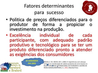 Fatores determinantes
para sucesso
• Politica de preços diferenciados para o
produtor de forma a propiciar o
investimento na produção.
• Excelência individual de cada
participante, com adequado padrão
produtivo e tecnológico para se ter um
produto diferenciado pronto a atender
as exigências dos consumidores
ROCHA, C. M.; NEVES, M.F.; LOBO, R. Experiências com alianças
verticais na coordenação de cadeias produtiva da carne bovina no
Brasil. CONGRESSO INTERNACIONAL DE ECONOMIA E GESTÃO DE
REDES AGROALIMENTARES, 4., 2003, Ribeirão Preto.
JÁ SABIAMOS
EM 2003
 
