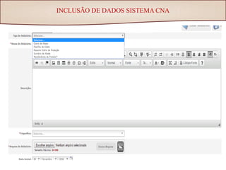 INTRODUÇÃO DE DADOS SITE
INCLUSÃO DE DADOS SISTEMA CNA
 