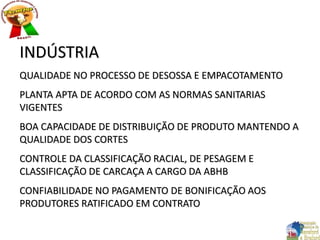 INDÚSTRIA
QUALIDADE NO PROCESSO DE DESOSSA E EMPACOTAMENTO
PLANTA APTA DE ACORDO COM AS NORMAS SANITARIAS
VIGENTES
BOA CAPACIDADE DE DISTRIBUIÇÃO DE PRODUTO MANTENDO A
QUALIDADE DOS CORTES
CONTROLE DA CLASSIFICAÇÃO RACIAL, DE PESAGEM E
CLASSIFICAÇÃO DE CARCAÇA A CARGO DA ABHB
CONFIABILIDADE NO PAGAMENTO DE BONIFICAÇÃO AOS
PRODUTORES RATIFICADO EM CONTRATO
 
