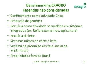Benchmarking EXAGRO   
          Fazendas não consideradas 
•  Conﬁnamento como aAvidade única 
•  Produção de genéAca 
•  Pecuária como aAvidade secundária em sistemas 
   integrados (ex: Reﬂorestamentos, agricultura) 
•  Pecuária de leite 
•  Sistemas mistos de corte e leite 
•  Sistema de produção em fase inicial de 
   implantação 
•  Propriedades fora do Brasil 
                 w w w . e x a g r o . c o m . b r    11 
 