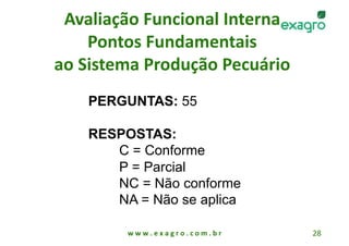Avaliação Funcional Interna 
    Pontos Fundamentais   
ao Sistema Produção Pecuário   
    PERGUNTAS: 55

    RESPOSTAS:
       C = Conforme
       P = Parcial
       NC = Não conforme
       NA = Não se aplica

         w w w . e x a g r o . c o m . b r    28 
 