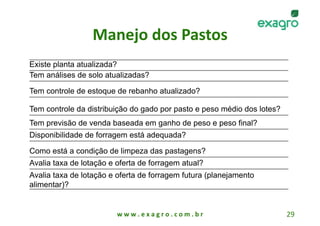 Manejo dos Pastos
                                   
Existe planta atualizada?
Tem análises de solo atualizadas?

Tem controle de estoque de rebanho atualizado?

Tem controle da distribuição do gado por pasto e peso médio dos lotes?
Tem previsão de venda baseada em ganho de peso e peso final?
Disponibilidade de forragem está adequada?

Como está a condição de limpeza das pastagens?
Avalia taxa de lotação e oferta de forragem atual?
Avalia taxa de lotação e oferta de forragem futura (planejamento
alimentar)?


                         w w w . e x a g r o . c o m . b r               29 
 