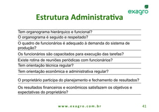 Estrutura Administra%va 
Tem organograma hierárquico e funcional?
O organograma é seguido e respeitado?
O quadro de funcionários é adequado à demanda do sistema de
produção?
Os funcionários são capacitados para execução das tarefas?
Existe rotina de reuniões periódicas com funcionários?
Tem orientação técnica regular?
Tem orientação econômica e administrativa regular?

O proprietário participa do planejamento e fechamento de resultados?
Os resultados financeiros e econômicos satisfazem os objetivos e
expectativas do proprietário?


                      w w w . e x a g r o . c o m . b r                41 
 