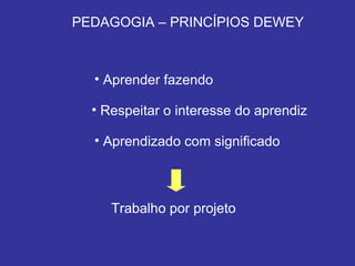 PEDAGOGIA – PRINCÍPIOS DEWEY Aprender fazendo Respeitar o interesse do aprendiz Aprendizado com significado Trabalho por projeto 