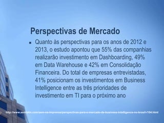 Perspectivas de Mercado
 Quanto às perspectivas para os anos de 2012 e
2013, o estudo apontou que 55% das companhias
realizarão investimento em Dashboarding, 49%
em Data Warehouse e 42% em Consolidação
Financeira. Do total de empresas entrevistadas,
41% posicionam os investimentos em Business
Intelligence entre as três prioridades de
investimento em TI para o próximo ano
http://www.asmlatin.com/asm-na-imprensa/perspectivas-para-o-mercado-de-business-intelligence-no-brasil-/104.html
 