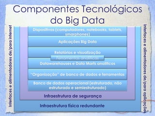 Componentes Tecnológicos
do Big Data
Interfacesealimentadoresde/parainternet
Infraestrutura física redundante
Infraestrutu...