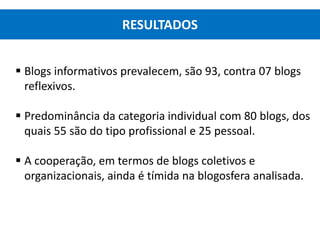  Blogs informativos prevalecem, são 93, contra 07 blogs
reflexivos.
 Predominância da categoria individual com 80 blogs, dos
quais 55 são do tipo profissional e 25 pessoal.
 A cooperação, em termos de blogs coletivos e
organizacionais, ainda é tímida na blogosfera analisada.
RESULTADOS
 