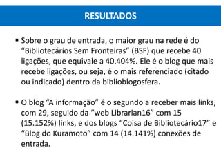  Sobre o grau de entrada, o maior grau na rede é do
“Bibliotecários Sem Fronteiras” (BSF) que recebe 40
ligações, que equivale a 40.404%. Ele é o blog que mais
recebe ligações, ou seja, é o mais referenciado (citado
ou indicado) dentro da biblioblogosfera.
 O blog “A informação” é o segundo a receber mais links,
com 29, seguido da “web Librarian16” com 15
(15.152%) links, e dos blogs “Coisa de Bibliotecário17” e
“Blog do Kuramoto” com 14 (14.141%) conexões de
entrada.
RESULTADOS
 