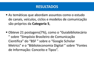  As temáticas que abordam assuntos como o estudo
de canais, veículos, ciclos e modelos de comunicação
são próprios da Categoria 5,
 Obteve 21 postagens(7%), como o “Guiabibliotecário
” sobre “Simpósio Brasileiro de Comunicação
Cientifica” do “BSF ” sobre o “Google Scholar
Metrics” e o “Biblioteconomia Digital ” sobre “Fontes
de Informação: Conceito e Tipos”.
RESULTADOS
 