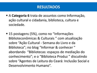  A Categoria 6 trata de assuntos como Informação,
ação cultural e cidadania, biblioteca, cultura e
sociedade.
 15 postagens (5%), como no “Informações
Biblioteconômicas & Culturais ” com atualização
sobre “Ação Cultural - Semana do Livro e da
Biblioteca”; no blog “Informar & conhecer ”
abordando “Bibliotecas: espaços de mediação do
conhecimento”; e o “Biblioteca Produz ” discutindo
sobre “Agentes de Leitura do Ceará: Inclusão Social e
Desenvolvimento Humano”.
RESULTADOS
 