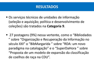  Os serviços técnicos de unidades de informação
(seleção e aquisição; política e desenvolvimento de
coleções) são tratados na Categoria 9.
 27 postagens (9%) nessa vertente, como o “Bibliodados
” sobre “Organização e Recuperação da Informação no
século XXI” o “BibMargarida ” sobre “RDA: um novo
paradigma na catalogação” e o “SuperDaHora ” sobre
“Proposta de um modelo de expansão da classificação
de coelhos de raça na CDU”.
RESULTADOS
 