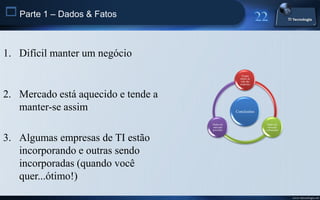  Parte 1 – Dados & Fatos


1. Difícil manter um negócio
                                                   Tempo
                                                  médio de
                                                  vida das
                                                  empresas



2. Mercado está aquecido e tende a
   manter-se assim                              Conclusões


                                     Dados do                 Dados do
                                     mercado                  mercado
                                     provedor                consumidor


3. Algumas empresas de TI estão
   incorporando e outras sendo
   incorporadas (quando você
   quer...ótimo!)
                                                                          www.titecnologia.net
 