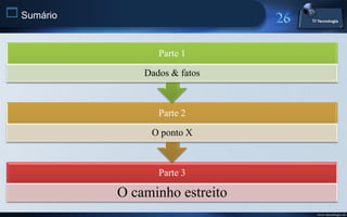  Sumário

                   Parte 1

                Dados & fatos



                   Parte 2

                 O ponto X



                   Parte 3

            O caminho estreito
                                 www.titecnologia.net
 