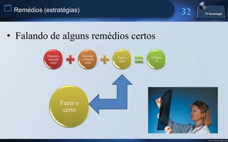  Remédios (estratégias)


 • Falando de alguns remédios certos
             Mapear a             Entender
                                               Fazer o   O Ponto
             situação             a situação
                                                certo       X
               atual                 atual




                        Fazer o
                         certo



                                                                   www.titecnologia.net
 