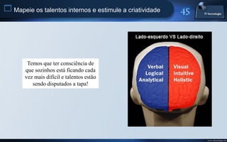  Mapeie os talentos internos e estimule a criatividade




        Temos que ter consciência de
       que sozinhos está ficando cada
       vez mais difícil e talentos estão
          sendo disputados a tapa!




                                                          www.titecnologia.net
 