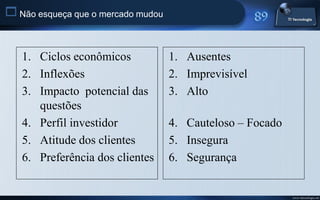  Não esqueça que o mercado mudou


   1. Ciclos econômicos             1. Ausentes
   2. Inflexões                     2. Imprevisível
   3. Impacto potencial das         3. Alto
      questões
   4. Perfil investidor             4. Cauteloso – Focado
   5. Atitude dos clientes          5. Insegura
   6. Preferência dos clientes      6. Segurança


                                                            www.titecnologia.net
 