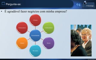  Pergunte-se:
• É agradável fazer negócios com minha empresa?

                             Clientes




            Fornecedores                 Colaboradores




                           Ecossistema



              Aliados                       Sócios




                            Revendas




                                                         www.titecnologia.net
 