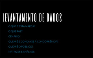 levantamento de dados 
O QUE É ESTA MARCA? 
O QUE FAZ? 
CENÁRIO 
QUEM É E COMO AGE A CONCORRÊNCIA? 
QUEM É O PÚBLICO? 
MATRIZES E ANÁLISES 
 