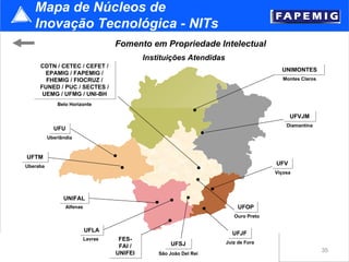 Mapa de Núcleos de  Inovação Tecnológica - NITs Uberlândia Fomento em Propriedade Intelectual Instituições Atendidas Belo ...