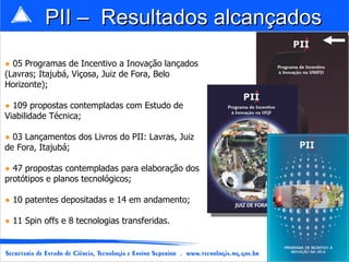 PII – Resultados alcançados
● 05 Programas de Incentivo a Inovação lançados
(Lavras; Itajubá, Viçosa, Juiz de Fora, Belo
Horizonte);

● 109 propostas contempladas com Estudo de
Viabilidade Técnica;

● 03 Lançamentos dos Livros do PII: Lavras, Juiz
de Fora, Itajubá;

● 47 propostas contempladas para elaboração dos
protótipos e planos tecnológicos;

● 10 patentes depositadas e 14 em andamento;

● 11 Spin offs e 8 tecnologias transferidas.


                                                   33
 