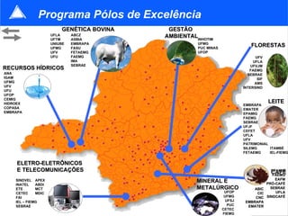 Programa Pólos de Excelência
                         GENÉTICA BOVINA    GESTÃO
                     UFLA
                     UFTM
                              ABCZ
                              ASBIA
                                           AMBIENTALINHOTIM
                     UNIUBE   EMBRAPA                UFMG
                     UFMG     FASU                   PUC MINAS
                                                                              FLORESTAS
                     UFV      FETAEMG                UFOP
                     UFU      FAEMG                                             UFV
                              IMA                                              UFLA
                              SEBRAE                                          UFVJM
RECURSOS HÍDRICOS                                                            FAEMG
ANA                                                                         SEBRAE
IGAM                                                                             SIF
UFMG                                                                            AMS
UFV                                                                       INTERSIND
UFU
UFOP
CEMIG
HIDROEX                                                                                LEITE
                                                                          EMBRAPA
COPASA                                                                    EMATER
EMBRAPA                                                                   EPAMIG
                                                                          FAEMG
                                                                          SEBRAE
                                                                          UFJF
                                                                          CEFET
                                                                          UFLA
                                                                          UFV
                                                                          PATRIMONIAL
                                                                          SILEMG      ITAMBÉ
                                                                          FETAEMG     IEL-FIEMG


     ELETRO-ELETRÔNICOS
     E TELECOMUNICAÇÕES                                                               EPAMIG
                                                                                      CAFÉ
                                                                                       FAEMG
                                                                                        EAFM
    SINDVEL APEX                                     MINERAL E                      PRÓ-CAFÉ
    INATEL    ABDI
    ETE       MCT                                    METALÚRGICO               ABIC   SEBRAE
    CETEC     MDIC                                                UFOP          CIC     UFLA
    FAI                                                           UFMG         CNC  SINDCAFÉ
    IEL – FIEMG                                                    UFSJ    EMBRAPA
    SEBRAE                                                          PUC     EMATER
                                                                 CETEC
                                                                 FIEMG
 