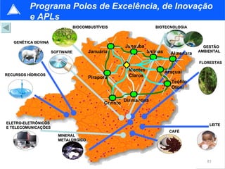 Programa Polos de Excelência, de Inovação
          e APLs
                                BIOCOMBUSTÍVEIS                      BIOTECNOLOGIA



   GENÉTICA BOVINA
                                                       Janaúba                             GESTÃO
                     SOFTWARE         Januária                    Salinas     Almenara   AMBIENTAL


                                                                                         FLORESTAS

                                                         Montes             Araçuaí
RECURSOS HÍDRICOS                                        Claros
                                      Pirapora
                                                                              Teófilo
                                                                              Otoni

                                                       Diamantina
                                             Corinto



ELETRO-ELETRÔNICOS                                                                           LEITE
E TELECOMUNICAÇÕES
                                                                             CAFÉ
                       MINERAL
                       METALÚRGICO




                                                                                            81
 