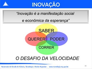 INOVAÇÃO
“Inovação é a manifestação social
   e econômica da esperança”

            SABER
      QUERER       PODER

            CORRER


O DESAFIO DA VELOCIDADE
                                    86
 