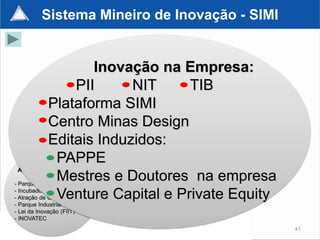 Sistema Mineiro de Inovação - SIMI


                    Inovação na Empresa:
                 PII         NIT             TIB
                             FÓRUM – PORTAL Web 2.0


             Plataforma SIMI
             Centro Minas Design
             Editais Induzidos:
                        COMITÊ DE
                       EMPRESÁRIOS
                                     PROGRAMA DE
                                     COMUNICAÇÃO

              PAPPE
 Ambiente de Inovação:
              Mestres e Doutores na empresa
- Parques Tecnológicos

              Venture Capital e Private Equity
- Incubadoras de Empresas
- Atração de Centros de P&D
- Parque Industrial Tecnológico
- Lei da Inovação (FIIT)
- INOVATEC
                                                      41
 