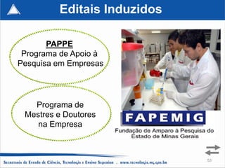 Editais Induzidos

       PAPPE
 Programa de Apoio à
Pesquisa em Empresas




   Programa de
 Mestres e Doutores
    na Empresa



                             53
 
