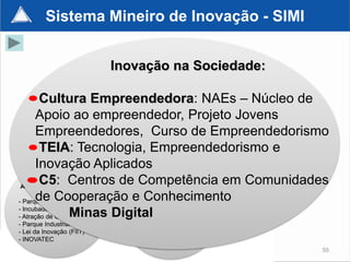 Sistema Mineiro de Inovação - SIMI


                                  Inovação na Sociedade:
                                       FÓRUM – PORTAL Web 2.0
        Cultura Empreendedora: NAEs – Núcleo de
      Apoio ao empreendedor, Projeto Jovens
      Empreendedores, Curso de Empreendedorismo
        TEIA: Tecnologia, Empreendedorismo e
                             COMITÊ DE          PROGRAMA DE
                            EMPRESÁRIOS         COMUNICAÇÃO
      Inovação Aplicados
        C5: Centros de Competência em Comunidades
 Ambiente de Inovação:                   Inovação na
      de Cooperação e - Conhecimento
- Parques Tecnológicos            PII
                                           Empresa:
                                         - NIT - TIB
- Incubadoras de Empresas       - Plataforma SIMI
                  Minas Digital Minas Design
- Atração de Centros de P&D     - Centro
- Parque Industrial Tecnológico       - Editais Induzidos:
- Lei da Inovação (FIIT)              * PAPPE
- INOVATEC                            * Mestres e Doutores na
                                      empresa
                                                                55
 