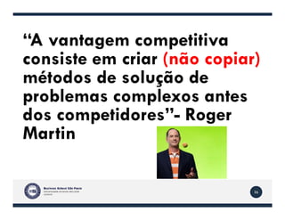 “A vantagem competitiva
consiste em criar (não copiar)
métodos de solução de
problemas complexos antes
dos competidores”- Roger
36
dos competidores”- Roger
Martin
 