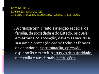 Artigo 80.º
(Infância) CAPÍTULO III
DIREITOS E DEVERES ECONÓMICOS, SOCIAIS E CULTURAIS



1. A criança tem direito à atenção especial da
  família, da sociedade e do Estado, os quais,
  em estreita colaboração, devem assegurar a
  sua ampla protecção contra todas as formas
  de abandono, discriminação, opressão,
  exploração e exercício abusivo de autoridade,
  na família e nas demais instituições.
 