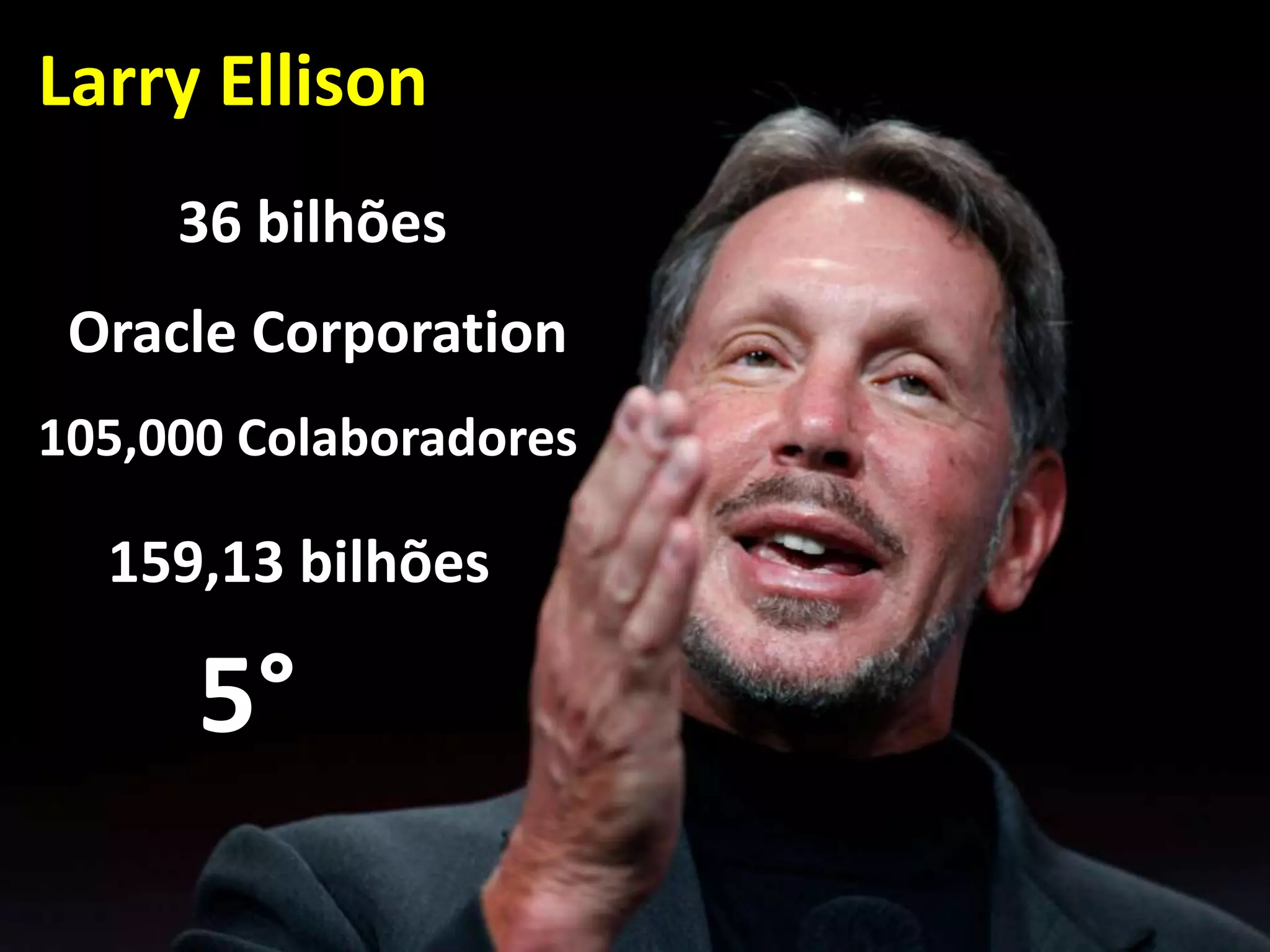 Larry Ellison
36 bilhões
Oracle Corporation
105,000 Colaboradores
159,13 bilhões
5°
 