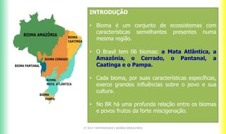 INTRODUÇÃO
• Bioma é um conjunto de ecossistemas com
características semelhantes presentes numa
mesma região.
• O Brasil tem 06 biomas: a Mata Atlântica, a
Amazônia, o Cerrado, o Pantanal, a
Caatinga e o Pampa.
• Cada bioma, por suas características específicas,
exerce grandes influências sobre o povo e sua
cultura.
• No BR há uma profunda relação entre os biomas
e povos frutos da forte miscigenação.
CF 2017: FRATERNIDADE E BIOMAS BRASILEIROS
 