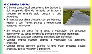 6. O BIOMA PAMPA:
• O bioma pampa está presente no Rio Grande do
Sul, ocupando 63% do território do Estado e
também se estende pelo Uruguai e pela
Argentina;
• É marcado por clima chuvoso, sem período seco
regular e com frentes polares e temperaturas
negativas no inverno.
CF 2017: FRATERNIDADE E BIOMAS BRASILEIROS
• Em virtude do clima frio e seco, a vegetação não consegue
desenvolver-se, sendo constituída principalmente por gramíneas;
• Esse tipo de paisagem apresenta dois tipos bem definidos:
• Campos limpos: ocorrem quando a vegetação não apresenta
arbustos;
• Campos sujos: ocorrem quando há uma maior presença desses
arbustos, que se misturam à paisagem.
 