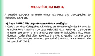 MAGISTÉRIO DA IGREJA:
A questão ecológica há muito tempo faz parte das preocupações do
magistério da Igreja.
a) Papa PAULO VI: urgente consciência ecológica
• Carta Apostólica Octogesima Adveniens, em comemoração dos 80 anos da
encíclica Rerum Novarum do papa Leão XIII, dizia Paulo VI: “o ambiente
material que se torna uma ameaça permanente, poluições e lixo, novas
doenças, poder destruidor absoluto; é o mesmo quadro humano que o
homem não consegue dominar... que poderá tornar-se para a humanidade
insuportável” (AO 21).
CF 2017: FRATERNIDADE E BIOMAS BRASILEIROS
 