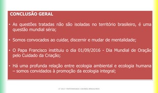CONCLUSÃO GERAL
• As questões tratadas não são isoladas no território brasileiro, é uma
questão mundial séria;
• Somos convocados ao cuidar, discernir e mudar de mentalidade;
• O Papa Francisco instituiu o dia 01/09/2016 - Dia Mundial de Oração
pelo Cuidado da Criação;
• Há uma profunda relação entre ecologia ambiental e ecologia humana
– somos convidados à promoção da ecologia integral;
CF 2017: FRATERNIDADE E BIOMAS BRASILEIROS
 
