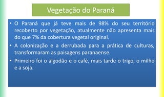 Vegetação do Paraná
• O Paraná que já teve mais de 98% do seu território
recoberto por vegetação, atualmente não apresenta mais
do que 7% da cobertura vegetal original.
• A colonização e a derrubada para a prática de culturas,
transformaram as paisagens paranaense.
• Primeiro foi o algodão e o café, mais tarde o trigo, o milho
e a soja.
 