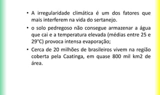 • A irregularidade climática é um dos fatores que
mais interferem na vida do sertanejo.
• o solo pedregoso não consegue armazenar a água
que cai e a temperatura elevada (médias entre 25 e
29°C) provoca intensa evaporação;
• Cerca de 20 milhões de brasileiros vivem na região
coberta pela Caatinga, em quase 800 mil km2 de
área.
 