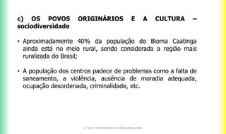 CF 2017: FRATERNIDADE E BIOMAS BRASILEIROS
c) OS POVOS ORIGINÁRIOS E A CULTURA –
sociodiversidade
• Aproximadamente 40% da população do Bioma Caatinga
ainda está no meio rural, sendo considerada a região mais
ruralizada do Brasil;
• A população dos centros padece de problemas como a falta de
saneamento, a violência, ausência de moradia adequada,
ocupação desordenada, criminalidade, etc.
 