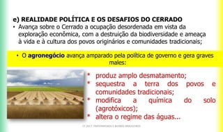 e) REALIDADE POLÍTICA E OS DESAFIOS DO CERRADO
• Avança sobre o Cerrado a ocupação desordenada em vista da
exploração econômica, com a destruição da biodiversidade e ameaça
à vida e à cultura dos povos originários e comunidades tradicionais;
CF 2017: FRATERNIDADE E BIOMAS BRASILEIROS
* produz amplo desmatamento;
* sequestra a terra dos povos e
comunidades tradicionais;
* modifica a química do solo
(agrotóxicos);
* altera o regime das águas...
• O agronegócio avança amparado pela política de governo e gera graves
males:
 