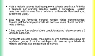 • Hoje a maioria da área litorânea que era coberta pela Mata Atlântica
é ocupada por grandes cidades, pastos e agricultura. restam
manchas da floresta na Serra do Mar e na Serra da Mantiqueira, no
sudeste do Brasil.
• Esse tipo de formação florestal recebe várias denominações:
floresta latifoliada tropical úmida de encosta, mata pluvial tropical e
mata atlântica;
• Clima quente, formação arbórea condicionada ao relevo serrano e à
umidade oceânica.
• Apresenta um solo pobre, mas mantém uma floresta riquíssima em
espécies, graças à rápida reciclagem da enorme quantidade de
matéria orgânica que se acumula ao húmus.
 