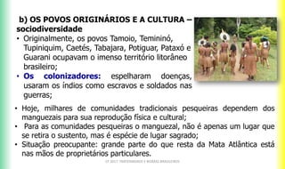 b) OS POVOS ORIGINÁRIOS E A CULTURA –
sociodiversidade
• Originalmente, os povos Tamoio, Temininó,
Tupiniquim, Caetés, Tabajara, Potiguar, Pataxó e
Guarani ocupavam o imenso território litorâneo
brasileiro;
• Os colonizadores: espelharam doenças,
usaram os índios como escravos e soldados nas
guerras;
CF 2017: FRATERNIDADE E BIOMAS BRASILEIROS
• Hoje, milhares de comunidades tradicionais pesqueiras dependem dos
manguezais para sua reprodução física e cultural;
• Para as comunidades pesqueiras o manguezal, não é apenas um lugar que
se retira o sustento, mas é espécie de lugar sagrado;
• Situação preocupante: grande parte do que resta da Mata Atlântica está
nas mãos de proprietários particulares.
 