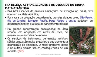 c) A BELEZA, AS FRAGILIDADES E OS DESAFIOS DO BIOMA
MATA ATLÂNTICA
• Das 633 espécies de animais ameaçados de extinção no Brasil, 383
ocorrem na Mata Atlântica;
• Por causa da ocupação desordenada, grandes cidades como São Paulo,
Rio de Janeiro, Salvador, Recife, Porto Alegre e outras padecem de
desmoronamentos e a falta de saneamento básico;
CF 2017: FRATERNIDADE E BIOMAS BRASILEIROS
• Há grande concentração populacional na área
urbana, em ocupação em áreas de risco, de
mananciais e encostas de morros;
• Os serviços de tratamento de esgoto, resíduos
sólidos ainda são muito precários o que aumenta a
degradação do ambiente. O maior problema deste
e de outros biomas são as consequências de um
modelo. (???)
 