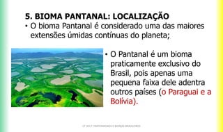 5. BIOMA PANTANAL: LOCALIZAÇÃO
• O bioma Pantanal é considerado uma das maiores
extensões úmidas contínuas do planeta;
CF 2017: FRATERNIDADE E BIOMAS BRASILEIROS
• O Pantanal é um bioma
praticamente exclusivo do
Brasil, pois apenas uma
pequena faixa dele adentra
outros países (o Paraguai e a
Bolívia).
 