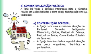 CF 2017: FRATERNIDADE E BIOMAS BRASILEIROS
e) CONTRIBUIÇÃO ECLESIAL
• A Igreja tem uma expressiva atuação no
Pantanal: Conselho Indigenista
Missionário, Cáritas, Pastoral da Criança,
Pastoral da Saúde, Comunidades Eclesiais
de Base, etc
• A Igreja também dedica especial atenção
aos povos originários, ribeirinhos e
pantaneiros.
d) CONTEXTUALIZAÇÃO POLÍTICA
A falta de visão e políticas integradas para o Pantanal
resulta em ações isoladas e com pouca repercussão em sua
totalidade.
 