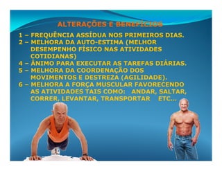 ALTERAÇÕES E BENEFÍCIOS
1 – FREQUÊNCIA ASSÍDUA NOS PRIMEIROS DIAS.
2 – MELHORA DA AUTO-ESTIMA (MELHOR
    DESEMPENHO FÍSICO NAS ATIVIDADES
    COTIDIANAS)
4 – ÂNIMO PARA EXECUTAR AS TAREFAS DIÁRIAS.
5 – MELHORA DA COORDENAÇÃO DOS
    MOVIMENTOS E DESTREZA (AGILIDADE).
6 – MELHORA A FORÇA MUSCULAR FAVORECENDO
    AS ATIVIDADES TAIS COMO: ANDAR, SALTAR,
    CORRER, LEVANTAR, TRANSPORTAR ETC...
 