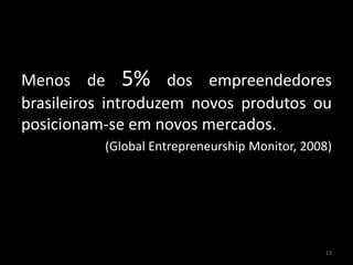 Menos de 5% dos empreendedores
brasileiros introduzem novos produtos ou
posicionam-se em novos mercados.
(Global Entrepreneurship Monitor, 2008)
13
 